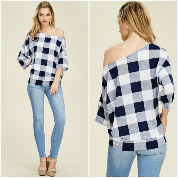 Navy Off The Shoulder Checkered Top - Picture 2 of 3